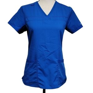 Dickies Balance Scrub Top Womens Sz XS Blue V Neck Rib Knit Panel Medical Dental